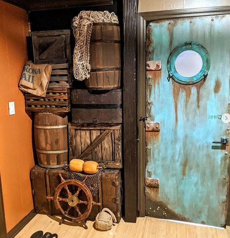 Fake Beam, Pirate Halloween Decorations, Crate Wall, Pirate Bathroom, Pirate Halloween Party, Nautical Bar, Pirate Room, Pirate Decor, Tiki Bar Decor