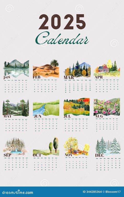 Printable 2025 calendar design template with watercolor landscape, wall calendar design, poster calendar design. Ideal for journal, background and more. Happy New Year 2025. Calendar 2025 Template, 2025 Calendar Printable, 2025 Yearly Calendar, 2025 Calendar Design Template, 2025 Calendar Design, Calendar Design 2025, Calender 2025 Printable, Desk Calendar Layout, Month Journal