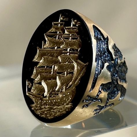 A spectacularly detailed hand-engraved ship with danger lurking on both sides - Sirens Ship Ring With Black Rhodium Plating by Castro Smith #castrosmith #futureheirlooms #augustla Vintage Men Jewelry, Vintage Mens Jewelry, Mens Vintage Rings, Castro Smith, Mens Vintage Jewelry, Mens Rings Fashion, Dope Jewelry, Ring Watch, Funky Jewelry