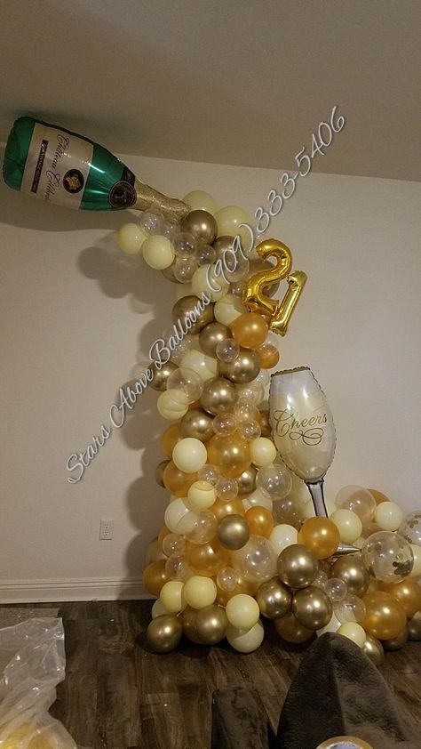 Champagne themed organic arch with bubbles and glass Bubbles And Brews Balloon Arch, Balloon Champagne Bubbles, Champagne Balloons Bubbles, Champagne Party Ideas Decorations, Balloon Arch Champagne, Champagne Themed Party, Champagne Theme Birthday Party, Champagne Balloon Decor, Champagne Birthday Party Theme