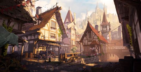 "Medieval Town" by N S Town Concept Art, Town Drawing, City Artwork, Perspective Drawing Architecture, Fantasy Town, Fantasy Background, Château Fort, Art Landscapes, Landscape Concept