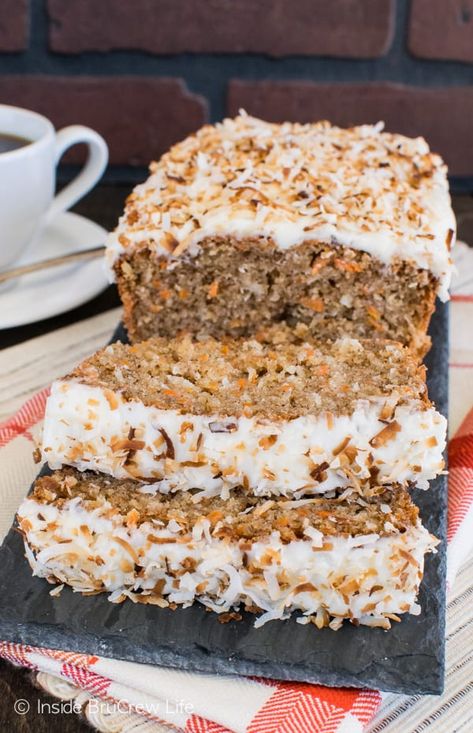 Carrot And Coconut Cake, Carrot Coconut Cake, Veggie Breads, Carrot Cake Coconut, Carrot Cake With Coconut, Coconut Carrot Cake, Gluten Free Carrot Cake Recipe, Brunch Bites, Carrot Cake Loaf