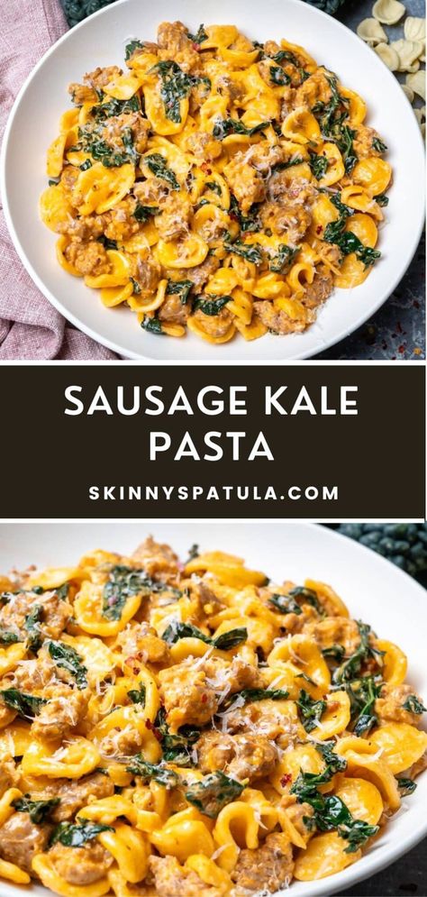 Sausage Kale Pasta – Skinny Spatula Creamy Sausage And Kale Pasta, Healthy Dinner Recipes With Kale, Sausage Kale Recipes, Dishes With Kale, Kale Pasta Bake, Pasta And Kale Recipes, Kale Sausage Pasta, Healthy Sausage Pasta, Whole 30 Pasta