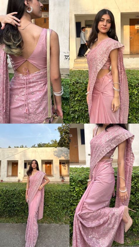 Sari For Graduation Day, Saree Styles For Graduation Ceremony, Ferwell Saree Look, Heels For Saree For Women, Saree For 12th Farewell, Farewell Inspo Saree, Pose For Indian Outfit, Blouse Designs For Girls Saree, Farewell Saree Inspo Aesthetic