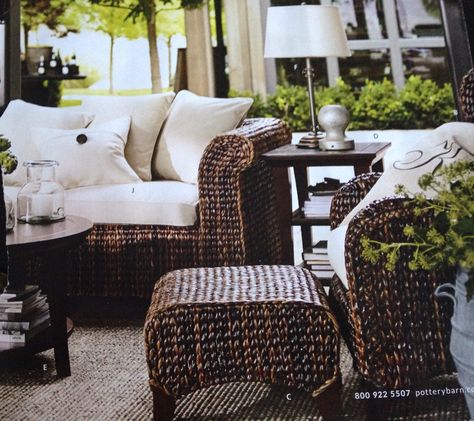 Pottery Barn - whicker chair Dark Brown Outdoor Furniture, Dark Wicker Patio Furniture, Dark Brown Patio Furniture, Dark Brown Wicker Patio Furniture Ideas, Dark Brown Patio Furniture Decor, Brown Wicker Patio Furniture Ideas, Whicker Chair, Tiny Yard, Brown Outdoor Furniture