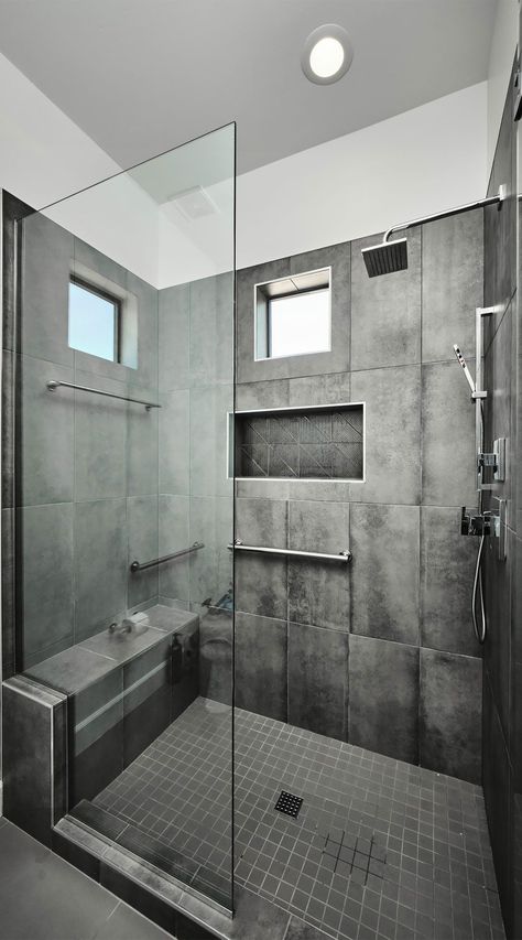 Gray Walk In Shower With Concrete Wall Tiles Moder Bathroom, Elegant Bathroom Decor Ideas, Gray Shower Tile, Concrete Shower, Tile Walk In Shower, Elegant Bathroom Decor, Grey Bathroom Tiles, Full Bathroom Remodel, Cabin Bathrooms