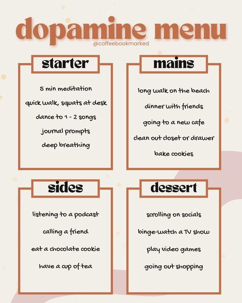 <> I’ve been seeing this all over TikTok recently so of course I wanted to create my own dopamine menu. A dopamine menu is a new journaling technique that lists a bunch of activities that gives you those “feel-good” emotions. What’s on your dopamine menu? Swipe for templates! 👉🏽 More templates available on my blog! 🔗 coffeebookmarked.com 🏷️ #journaling #journalideas #DopamineMenu #journalprompts #coffeebookmarked Low Dopamine Activities, Dopamine Menu Template, Dopamine Activities, Dopamine List, Dopamine Menu Ideas, Self Care Menu, Dopamine Design, Ozempic Diet, Happy Brain