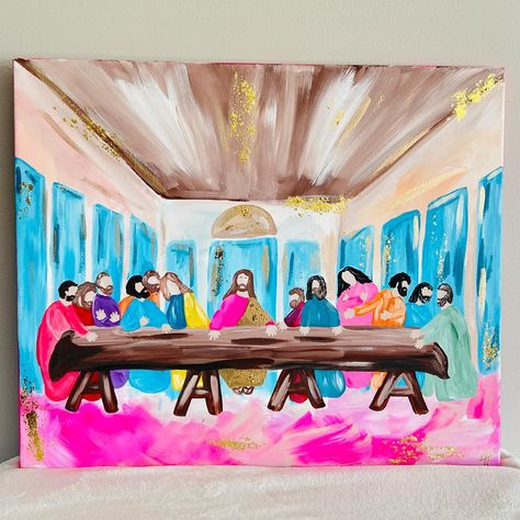 • The Last Supper • “And Jesus said unto them, I am the bread of life: he that cometh to me shall never hunger; and he that believeth on me shall never thirst.” John‬ ‭6‬:‭35‬ ‭ #designsbyyyc #thelordssupper #thelastsupperpainting #thelastsupper #smallbusiness #smallbusinessowner #painting #artworks #artgallery #jesus #jesusandhisdisciples #jesuslovesyou #jesussaves #paintingart Mexican Canvas Painting, Christian Painting Ideas, Last Supper Painting, Christian Art Painting, Last Supper Art, The Last Supper Painting, Bread Of Life, Color Theory Art, Bible Wall Art