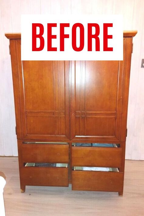 Check out the before and after of this beautiful Armoire upcycle idea. Old furniture flips are a great way to decorate your bedroom on a budget. Armoire Repurpose Bedroom, Diy Closet Armoires & Wardrobes, Vintage Wardrobe Upcycle, Repainted Wardrobe, Old Armoire Repurposed, Painted Pine Wardrobe, Refinished Armoire Ideas, Repurpose Wardrobe, Wardrobe Diy Makeover