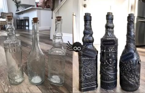 Altered Bottles Tutorial, Halloween Wine Bottle Crafts, Halloween Wine Bottles, Halloween Potion, Halloween Potion Bottles, Halloween Apothecary, Wiccan Crafts, Witch Bottles, Halloween Bottles