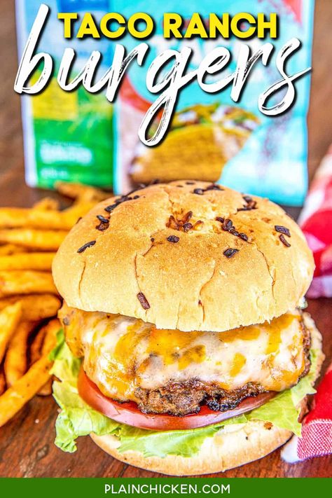 Taco Ranch Burgers - a new favorite at our house. Only 3 ingredients! Ground beef, taco seasoning, and ranch. Top the burgers with cheese and your favorite taco toppings! Can make in advance and refrigerate or freeze for later. Such a fun change to taco and burger night! #burger #hamburger #grilling #taco Frisco Burger, Hamburger Sandwiches, Recipes Burgers, Ranch Burgers, Ground Beef Taco Seasoning, Beef Taco Seasoning, Taco Burger, Ground Beef Taco, Taco Toppings