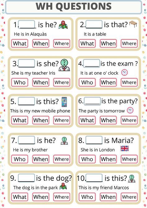 Wh questions online worksheet for 4º Primaria. You can do the exercises online or download the worksheet as pdf. W H Questions, 5w1h Worksheet, How Questions Worksheet, Question Worksheet For Grade 1, Who Questions Worksheet, Reading Activities For Kids, Questions In English, English Exercises For Kids, Questions For Kids