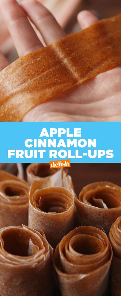 Apple Cinnamon Fruit Roll-UpsDelish Fruit Snack Recipe, Dehydrator Recipes Fruit, Fruit Leather Recipe, Fruit Strips, Dehydrated Apples, Apple Snacks, Dehydrated Foods, Roll Ups Recipes, Fruit Roll