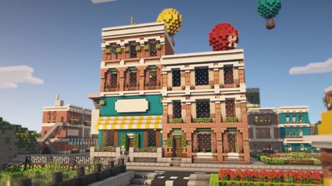 Minecraft Shop Exterior, Minecraft Shop Building, Minecraft San Francisco House, Minecraft Store Front Ideas, Minecraft Art Deco House, Minecraft American Town, London Townhouse Minecraft, Shopping District Minecraft, Minecraft City Shops