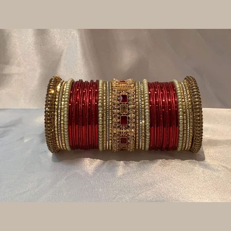 Beautiful Indian Red and Golden Metal Bangle Stack Set with Pearl and Rhinestone Karas  Perfect for Indian, Pakistani, South Asian weddings and partywear.  Standard size of 2.4 inches bangle size. Red Bangles Set Bridal, Stylish Bangles, Bangle Stack, Wedding Jewelry Sets Bridal Jewellery, Red Bangles, Desi Aesthetics, Indian Bangles, Simple Henna Tattoo, Gold Mangalsutra Designs