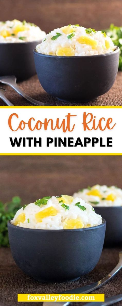 Your family will love the bright and creamy flavor of Coconut Milk Rice with Pineapple, and you will love how quick and easy it is to prepare with minimal ingredients! This recipe features tender white rice simmered in a rich bath of coconut milk, resulting in a creamy side dish spiked with the bright taste of pineapple! Rice And Coconut Milk Recipe, Tropical Rice Recipes, Coconut Pineapple Rice Recipe, Rice In Coconut Milk, Coconut Rice Pineapple, Coconut Pineapple Rice, Pineapple Rice Recipes, Pineapple Rice Bowl, Rice With Pineapple