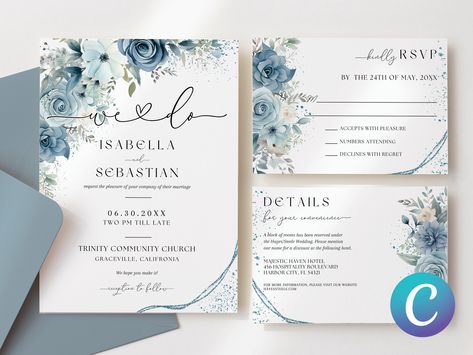 "Hello and warm greetings from Kut And Kraft Studio! Set the tone for your romantic celebration with our Dusty Blue Wedding Invitation, featuring a Powder Blue Peonies Floral Canva Template. This elegant and minimalist design, enhanced with modern romantic watercolor touches, adds a touch of sophistication to your announcement, capturing the essence of your wedding day. The Canva template allows for easy customization, ensuring you can personalize the invitation to match your unique style and event details. Download, customize, and share this elegant invitation digitally or in print to give your guests a glimpse of the timeless beauty awaiting them on your wedding day. Make a lasting impression with this elegant and modern design that perfectly encapsulates the romance of your love story. Canvas Wedding Invitations, Dusty Blue Wedding Invitations Template, Canva Wedding Invitations, Simple Wedding Invites, Dusty Blue Wedding Invitations, Watercolor Invite, Powder Blue Wedding, Dusty Blue Wedding Invitation, Floral Template