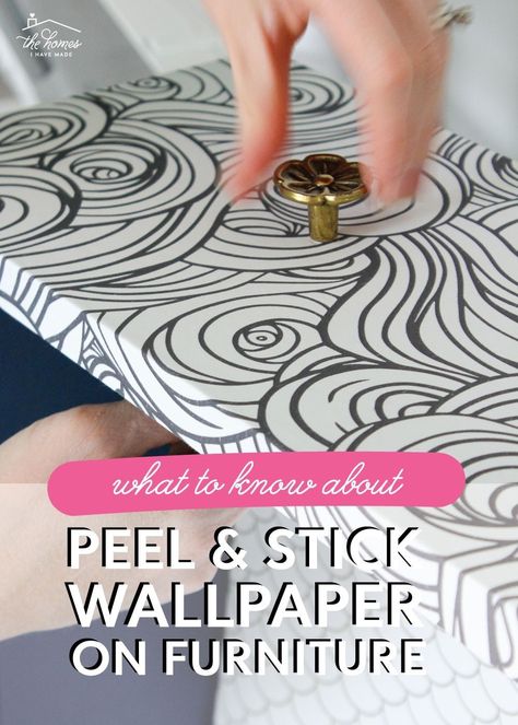 Considering wrapping your old or ugly furniture in peel and stick wallpaper? Before you give this easy, mess-free furniture DIY a try, be sure to read this comprehensive guide on wallpapering furniture, including what paper to use, how it will stick, and if you need to seal it! Painted Furniture With Wallpaper, How To Use Wallpaper On Furniture, Cover Desk With Wallpaper, How To Put Wheels On Furniture, Diy Peel And Stick Wallpaper Furniture, Peel And Stick Wallpaper On Dresser Drawers, Furniture Makeover Wallpaper, Peel And Stick Wallpaper On Desk, Peel And Stick Wallpaper Cabinet Ideas