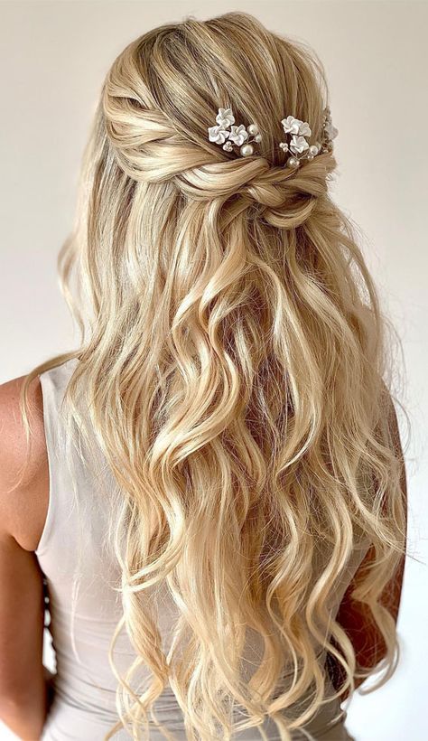 The Perfect Balance Of Style And Comfort : Beachy, Textured Waves Bridesmaid Hair Inspo, Bridal Hair Half Up, Blonde Wedding Hair, Bridemaids Hairstyles, Wedding Hair Half, Bridesmaid Hair Makeup, Bridal Hair Inspiration, Long Hair Wedding Styles, Trendy Wedding Hairstyles