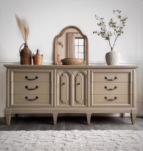 Brown Paint Furniture, Tan Dressers Bedroom, Neutral Color Dressers, Dresser Paint Colors Ideas, 2023 Dresser Trends, Tv Stand Color Ideas Paint, Painted Tv Stand Ideas, Colored Dressers Bedroom, Taupe Dresser Painted Furniture