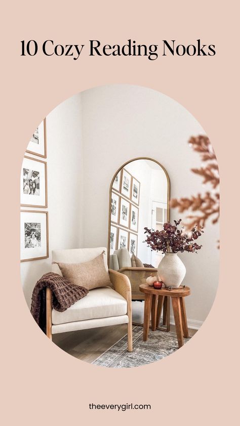 Reading Corner Moody, Cozy Chair Corner Living Rooms, Small Bedroom Reading Corner Ideas, Reading Area In Office, Corner Seating Area Bedroom, Feminine Reading Room, Mirror And Accent Chair Corner, Ideas For A Reading Corner, Reading Corner Master Room