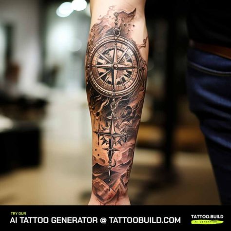 Compass Calf Tattoo Men Leg, Compass Tattoos For Men Forearm, Christian Compass Tattoo Men, Compus Tattoos Men, Christian Compass Tattoo, Compass Rose Tattoo Men, Compass Clock Tattoo Design, Compass Arm Tattoo, Sands Of Time Tattoo