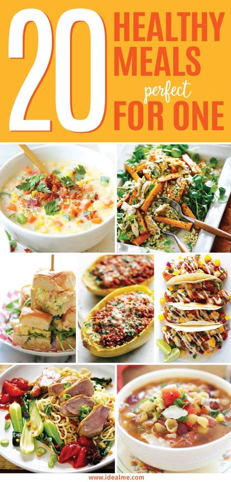 Check out these 20 healthy meals that are perfect for one person. Soon you'll be an expert at cooking for one and you'll never look at a frozen pizza again. Easy Healthy 1 Person Meals, Single Meal Recipes, Cooking Healthy For One Person, Healthy Meals For One Person Simple, Healthy Dinners For 1 Person, 2 Person Healthy Meals, Single Person Crockpot Meals, East One Person Meals, Single Healthy Meals