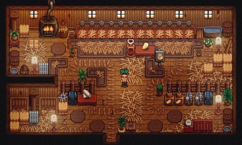 Sometimes Pinterest is a mess and I never know whether my reply to a comment will show up so I'm listing mods I use here: grapeponta's Vanilla Interiors, Cuter Chests, Automate, Expressive Elf Ears. Have fun and feel free to recreate the design 😉 Vanilla Stardew Valley, Stardew Valley Farm Layout Vanilla, Big Shed Design Stardew Valley, Stardew Valley Barn Interior, Stardew Valley Chest Layout, Stardew Valley Interior Design No Mods, Stardew Ideas, Stardew Farm, Chest Decor