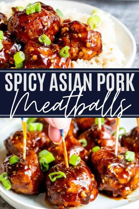 Spicy Pork Meatballs, Asian Inspired Meatballs, Pork Appetizer Recipes, Holiday Lunch Ideas, Asian Inspired Appetizers, Spicy Meatballs Appetizers, Pork Meal Prep, Pork Appetizers, Meatballs Asian