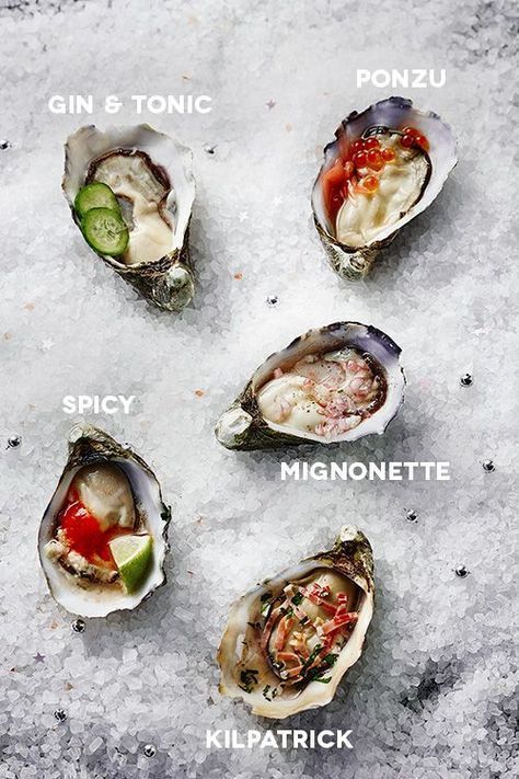 5 different oyster toppings to try this summer, thanks to Jono Fleming - Temple & Webster Journal. Classic mignonette and kilpatrick recipes, plus Asian flavours in Ponzu and Spicy versions, and a grown up Gin & Tonic. Create your own oyster bar! Oyster Toppings, Recipes For Summer, Oyster Recipes, Oyster Bar, Asian Flavors, Snacks Für Party, Gin Tonic, Gin And Tonic, Seafood Dishes