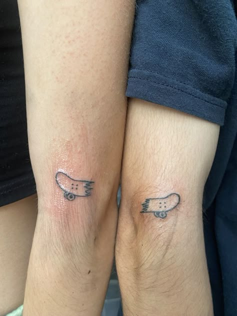 Tiny Skateboard Tattoo, Matching Tattoos Couples Emo, Matching Punk Tattoos, Simple Skateboard Tattoo, Small Skateboard Tattoo, Matching Guy Tattoos, Matching Skateboards, Skateboarding Tattoo Ideas, Alternative Matching Tattoos