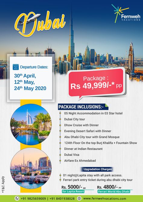 Get the attractive Dubai tour package with accommodation in 3 star hotel from Fernweh Vacations. Call now:- 8401938028 / 9825659009  #DubaiTourPackage #DubaiTour #FernwehVacations Dubai Poster Design, Package Poster Design, Tour Packages Design, Dubai Brochure, Tourism Design, Air Ticket Booking, Travel Flyer, Dubai Tourism, Tours And Travels