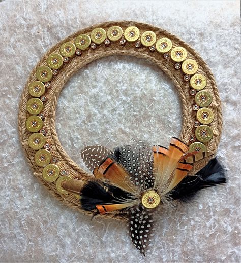 Crush Crafts, Cartridge Crafts, Hunting Wreath, Bullet Casing Crafts, Shotgun Shell Crafts, Bullet Crafts, Trap Shooting, Shell Wreath, Pheasant Feather