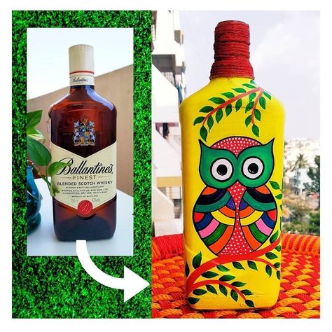 BottleArtLover on Instagram: “A Beautiful makeover of a alcohol bottle to an art piece 🤗 This bottleart is created by @kanya_art_craft #giftideas #artandcrafts…” Madhubani On Bottle, Alcohol Bottle Art, Bottle Art Ideas Paint, Botal Art, Owl Wall Painting, Unique Bottle Art, Bottle Art Ideas, Bottle Painting Ideas, Glass Bottle Painting