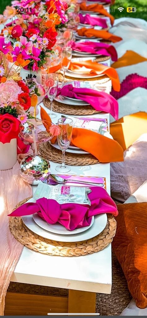 Sunset Wedding Theme Decoration, Pink Wedding Table Settings, Colorful Engagement Party, Colorful Wedding Theme, Bright And Bold Wedding, Unique Event Decor, 21 Dinner, Bachelorette Planning, 21 Diner