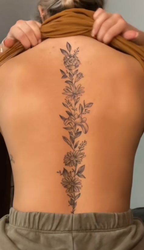 Detailed Spine Tattoos For Women, Honeysuckle Spine Tattoo, Flower Spinal Tattoo Women, Spin Tattoos For Women Flowers, Roses Back Tattoo Women, Spine Tattoo Women Unique, April Birth Flower Spine Tattoo, Spine Tattoos Cover Up, Spine Tattoo Sunflower