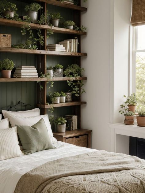 Hanging Shelves Over Bed, Floating Shelves Green Wall, Naturalistic Bedroom Ideas, Bookcase Floating Shelves, Green Wood Bedroom Aesthetic, Cozy Book Aesthetic Bedroom, Botanical House Decor, Book Shelf Wall Ideas Bedroom, Tall Bookshelves In Bedroom