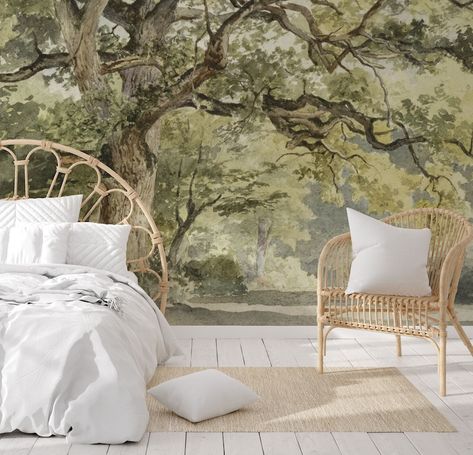 Vintage Wall Mural, Tree Wall Mural, Tree Wall Murals, Tree Mural, Antique Wallpaper, Hand Painted Wallpaper, Hand Painted Walls, Tree Wallpaper, Big Tree