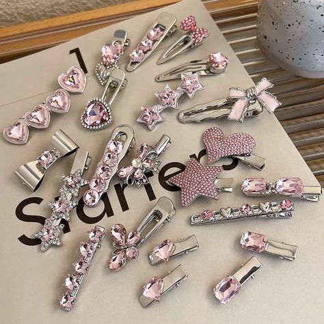 Kpop Fashion Vintage Y2K Pink Crystal Bowknot Heart Star Barrettes Hair Clips For Women Girl Goth Hair Clips Aesthetic 90s, Harajuku Hair Clips, Pink And Silver Aesthetic, Y2k Hair Accessories, Hair Clips Aesthetic, Goth Harajuku, Y2k Earrings, Y2k Baddie, Silver Hair Clip