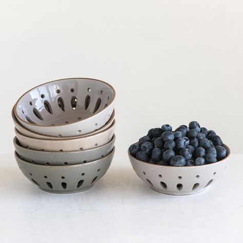 <p>Store or serve your berries in a farm-fresh way with our stylish <strong>Fresh Market Berry Bowl, Set of 3</strong>. This stoneware berry container comes in a set of three solid colors, features plenty of holes for excess water and juices to drain, and will coordinate nicely with almost any other dishware. You won't want to miss out on this lovely set of stoneware berry bowls.</p> Berry Bowls Pottery Handmade Ceramic, Ceramic Berry Bowl Handmade, Berry Bowl Pottery, Pottery Serving Bowls, Pottery Designs Ideas, Bee Pottery, Ceramic Bowls Handmade, Blueberry Bowl, Ceramic Berry Bowl