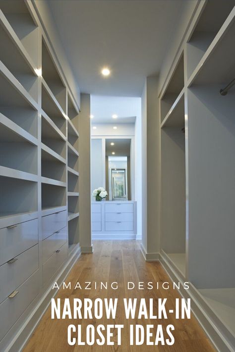 Trending narrow walk-in closet designs, ideas, and layouts. Narrow walk-in closets can be tricky to design. Check out these for some inspiring ideas. Walk Through Closet To Bathroom, Long Narrow Closet, Small Walkin Closet, Narrow Walk In Closet, Narrow Closet Design, Narrow Closet, Walk Through Closet, Master Closet Design, Small Walk In Closet