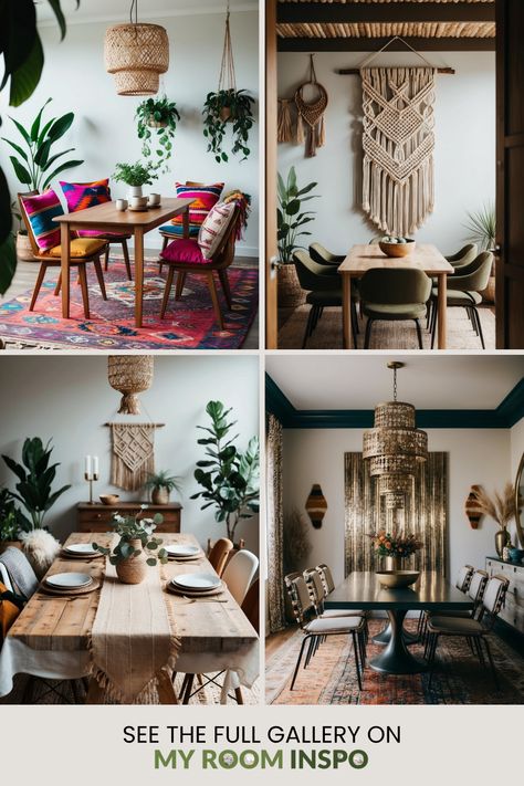 Explore captivating boho dining room designs through 4 beautiful images showcasing diverse styling ideas with rustic and eclectic elements. Boho Living And Dining Room Combo, Boho Dining Room Ideas, Modern Boho Dining Room, Boho Chic Dining Room, Desert Boho Decor, Boho Dining Table, Inviting Dining Room, Boho Dining Room Decor, Bohemian Dining Room