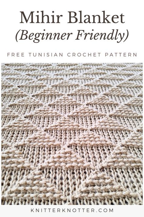 Simple Tunisian Crochet Stitch Blanket for Beginners – Mihir Blanket - KnitterKnotter Tunisian Blanket, Tunisian Patterns, Tunisian Knitting, Tunisian Crochet Free, Tunisian Stitches, Tunisian Crochet Blanket, Crochet Stitch Pattern, Crochet Knit Blanket, Crochet Beautiful