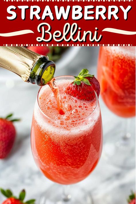 This strawberry Bellini is the perfect addition to any brunch! The combo of fresh strawberries and bubbly Prosecco is so fresh and inviting. Strawberry Bellini, Bellini Cocktail, Bellini Recipe, Champagne Drinks, Lime Soda, Strawberry Puree, Alcohol Drinks, Dinner Recipes Crockpot, Fresh Strawberries