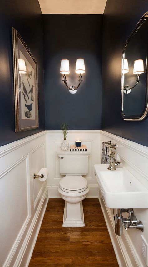 Transitional Powder Room with Blue Bathroom PAint Ideas and Wainscoting Small Half Bathrooms, Small Toilet Room, Downstairs Toilet, Toilet Room, Small Toilet, Half Bathroom, Hus Inspiration, Small Bathroom Design, Bathroom Wallpaper