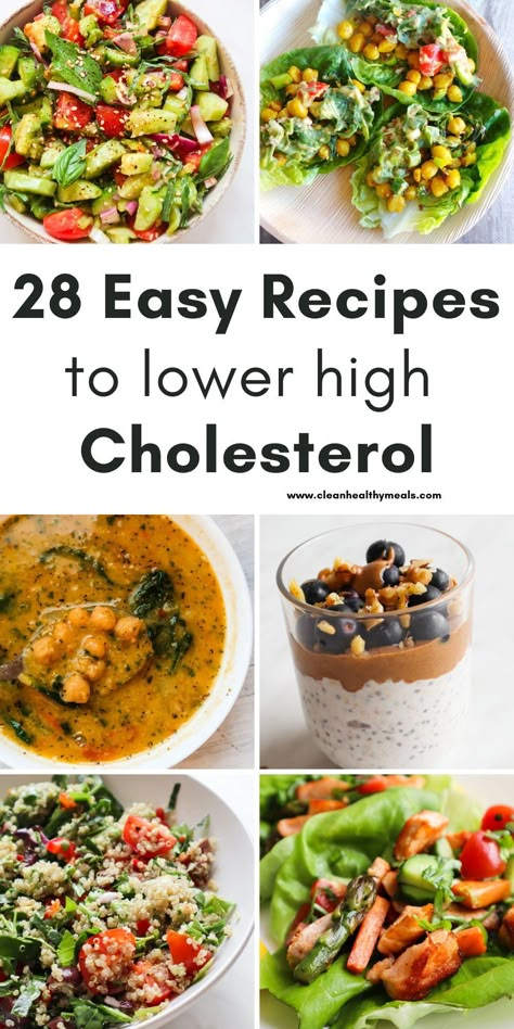 Easy recipes to lower cholesterol! This is a collection of high-fiber low-glycemic healthy meals that you can enjoy for breakfast, lunch and dinner in order to reach healthy cholesterol levels! Including easy salads, soups, recipes with oats and healthy desserts! High Fiber Foods Lower Cholesterol, Meal Ideas For High Cholesterol, No Cholesterol Dinner Recipes, Healthy Meals For Cholesterol, Healthy Snacks To Lower Cholesterol, Best Recipes To Lower Cholesterol, Recipes For Low Cholesterol Meals, Easy Recipes To Lower Cholesterol, Cheap Low Cholesterol Meals