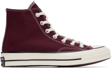 High-top 12 oz cotton canvas sneakers in burgundy. Faux-leather logo patch at inner side. · Round rubber cap toe · Lace-up closure · Eyelets at inner side · Padded Ortholite™ footbed · Treaded rubber sole · Contrast stitching in white Supplier color: Dark beetroot/Egret/Black Converse Drawings, Dark Red Converse, Burgundy Converse, Red High Top Converse, Converse 70s, Maroon Converse, Burgundy Sneakers, Converse Red, Red Converse