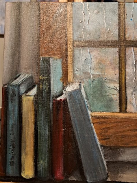 Old Books Painting, Books In Paintings, Paintings Of Books Artworks, Canvas Book Painting, Still Life Painting Books, Painting Ideas Classic, Dark Academia Painting Ideas Easy, Painting Of A Book, Book Inspired Paintings