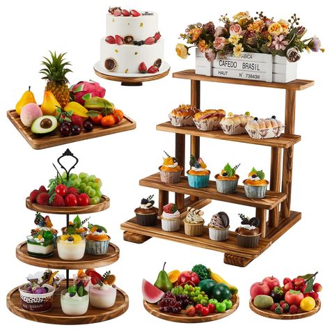 PRICES MAY VARY. Wood Cake Stands Set: you will get 1 set of 3 tier serving tray, 1 rotatable cupcake stand, 1 set of 4 tier wood display stand, 1 square tray, 2 round trays, delicate and practical, enough to meet your different occasions need; Warm reminder: please do not wash them with water or expose to high temperature; Please wipe it gently with a slightly moist towel and let it dry naturally Various Sizes: wooden 3 tier dessert tower consists of approximately 8", 10" and 12" round dessert Sheet Cake Stand, Three Tier Cupcake Stand, Wood Cake Stands, Dessert Tower, Wood Cupcake Stand, Rustic Cupcakes, Cupcake Display Stand, Rustic Dessert, Cupcake Stand Wedding