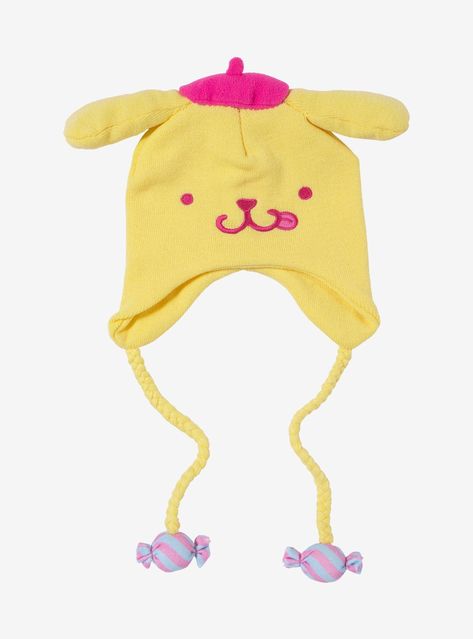 Keep your outfit lookin' cute and cozy with Pompompurin! This Sanrio beanie features a figural Pompompurin design  complete with 3D ears and hat up top. Comes with braided tassels with plush candy ends.100% acrylicImported Kawaii Accessories Png, Korilakkuma Accessories, Cute Kawaii Accessories, Pompompurin Squishmallow, Pompompurin Costume, Pompompurin Hat, Pompompurin Merch, Pompompurin Cosplay, Sanrio Beanie